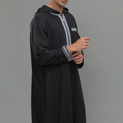 Men's Hooded Embroidered Thobe with Pockets (MT037)