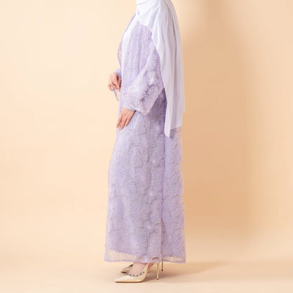 Mesh Flower Bead Open Abaya and Satin Interior Dress 2-Piece Set  | Elegant Muslim Wedding Guest Outfit(MOA222)