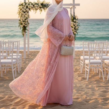 Mesh Flower Bead Open Abaya and Satin Interior Dress 2-Piece Set  | Elegant Muslim Wedding Guest Outfit(MOA222)