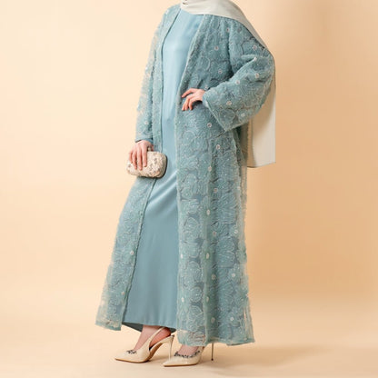 Mesh Flower Bead Open Abaya and Satin Interior Dress 2-Piece Set  | Elegant Muslim Wedding Guest Outfit(MOA222)