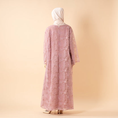 Mesh Flower Bead Open Abaya and Satin Interior Dress 2-Piece Set  | Elegant Muslim Wedding Guest Outfit(MOA222)