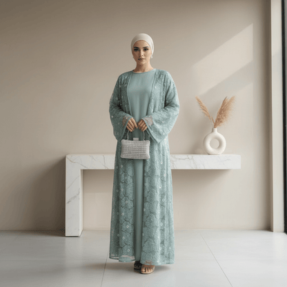 Mesh Flower Bead Open Abaya and Satin Interior Dress 2-Piece Set  | Elegant Muslim Wedding Guest Outfit(MOA222)
