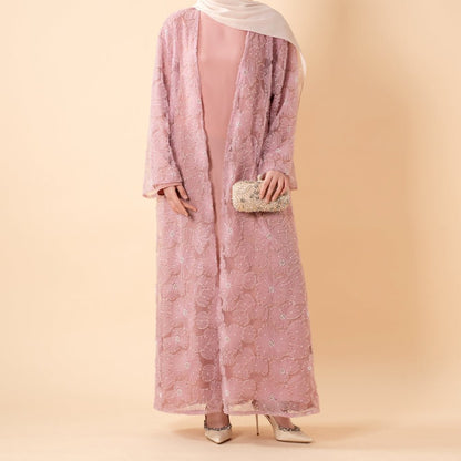 Mesh Flower Bead Open Abaya and Satin Interior Dress 2-Piece Set  | Elegant Muslim Wedding Guest Outfit(MOA222)