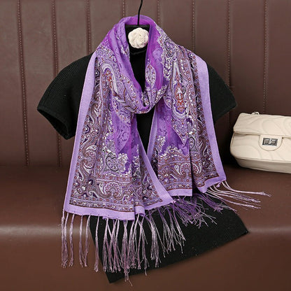 MH070 Fresh Floral Pattern With Tassels Polyester Hijab