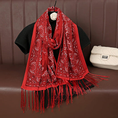 MH070 Fresh Floral Pattern With Tassels Polyester Hijab
