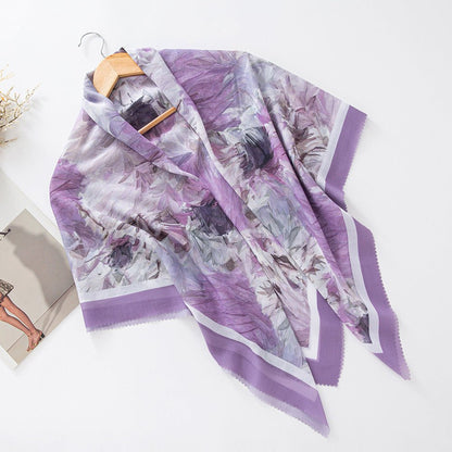 MH072 Square Floral Print Wavy Cut-off Voile Hijab