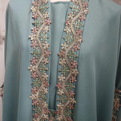Mint Gold Bell Sleeve Abaya & Robe | Formal Muslim Luxury Two-Piece (MOA177)