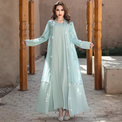 Mint Green Two-Piece Cardigan Dress Diamond-Embellished Cover-Up & Maxi Dress (MOA151)