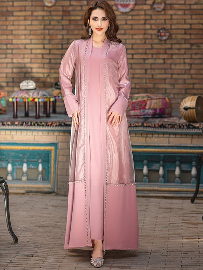 Mint Green Two-Piece Cardigan Dress Diamond-Embellished Cover-Up & Maxi Dress (MOA151)
