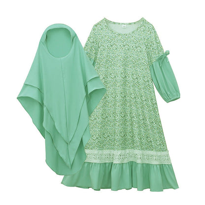Girls Patchwork Floral Kid Abaya 2-Piece Set(MKG012)