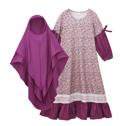 Girls Patchwork Floral Kid Abaya 2-Piece Set(MKG012)