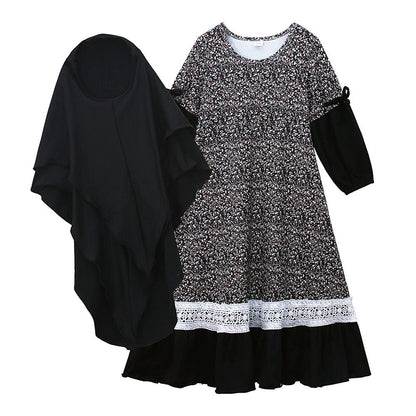 Girls Patchwork Floral Kid Abaya 2-Piece Set(MKG012)