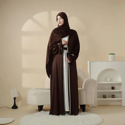 Poet Sleeve Satin Open Abaya With Matching Belt and Hijab (MOA009)