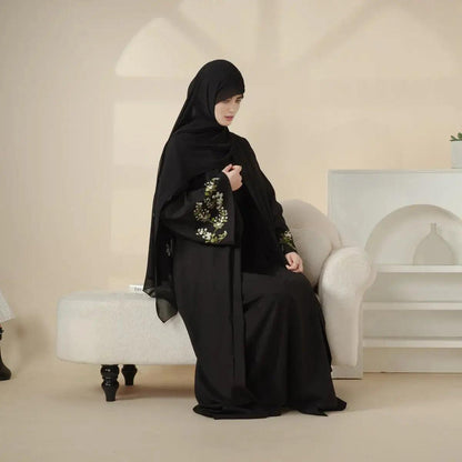 Olive Branch Embroidered Linen Abaya Set With Matching Belt & Hijab (MOA037)