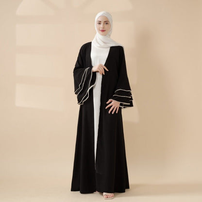 Modest Cardigan Black Robe Beaded Cuff Abaya with Layered Sleeves Elegant Design(MOA136)