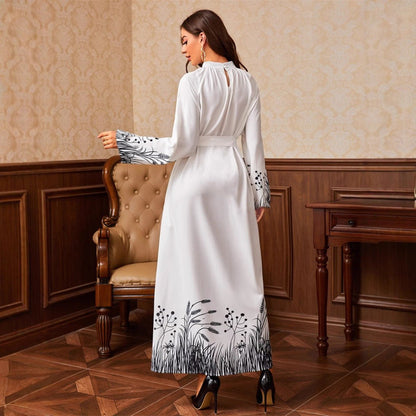 Modest Elegant Botanical Print Maxi Dress | White Crew Neck Long Sleeve Dress(MA267)