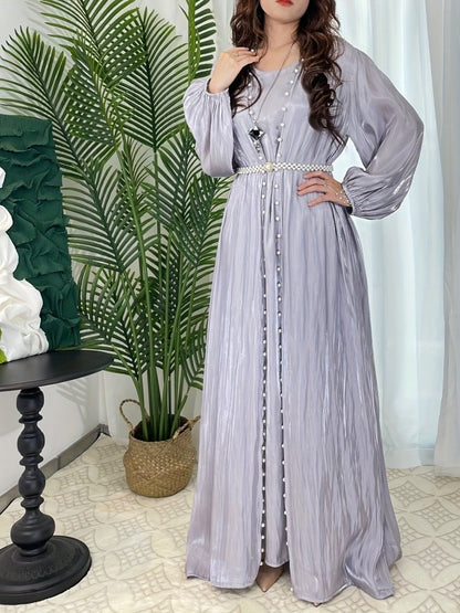 Modest Luxe Pearl-Embellished Streamer Evening Abaya Dress (MOA149)