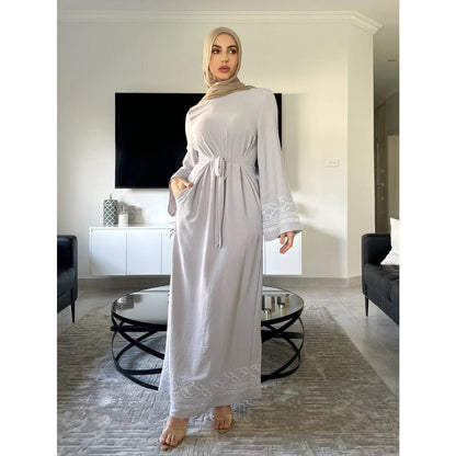 Modest Luxury Embroidered Flare Sleeve Abaya Collection | Muslim Dresses with White Geometric Embroidery (MA262)