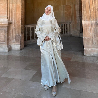 Modest Luxury Moonlight Glow Abaya Set | Cream White Two-Piece with Bell Sleeves (MOA189)