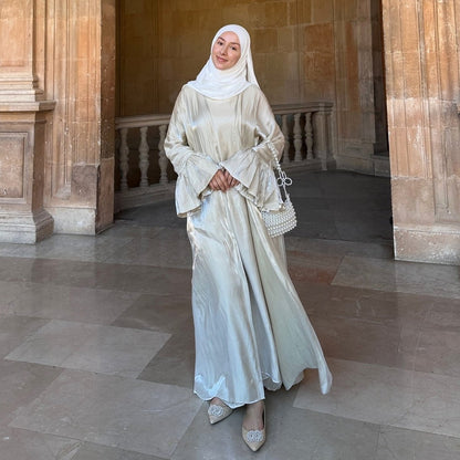 Modest Luxury Moonlight Glow Abaya Set | Cream White Two-Piece with Bell Sleeves (MOA189)