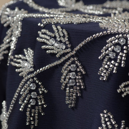 Navy Blue Pleated Abaya Set | Beaded Robe Abaya with Silver Embroidery (MOA168)