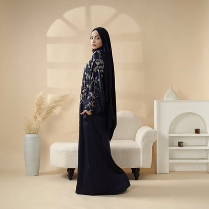 Navy Blue Pleated Abaya Set | Beaded Robe Abaya with Silver Embroidery (MOA168)