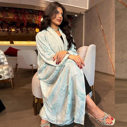 Modest Luxury Spring/Summer Ocean Breeze Abaya Set | Water Ripple Print Chiffon Cardigan with Matching Hijab (MOA176)