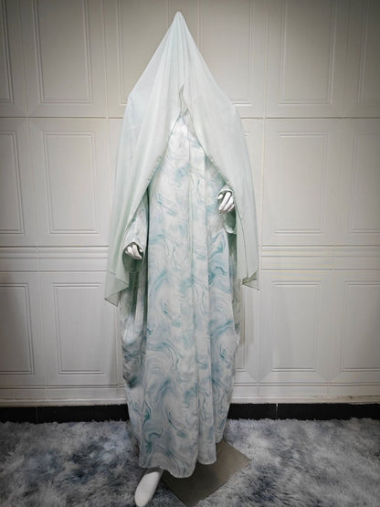 Modest Luxury Spring/Summer Ocean Breeze Abaya Set | Water Ripple Print Chiffon Cardigan with Matching Hijab (MOA176)