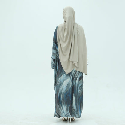 Modest Luxury Watercolor Print Cardigan Abaya | Blue-Grey Abstract Art Robe with Flowing Silhouette (MOA172)