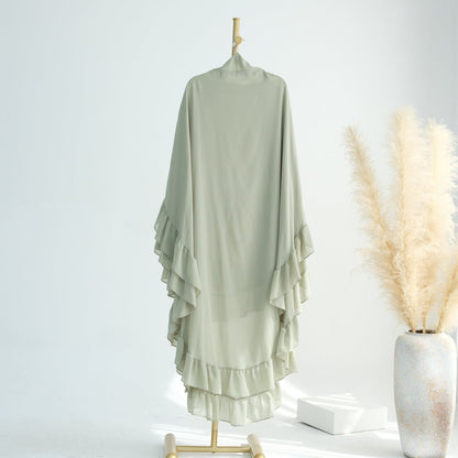 Soft Solid Color Muslim Hijabs with Flowy Cape Design |  Double-Layer Ruffle-Edged Big Swing Headscarf (MK023)