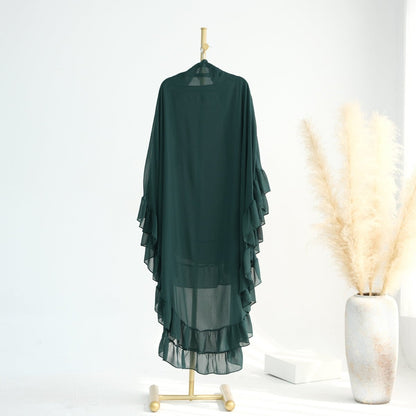 Soft Solid Color Muslim Hijabs with Flowy Cape Design |  Double-Layer Ruffle-Edged Big Swing Headscarf (MK023)