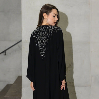 Modest Muslim Loose Fit Black Diamond Embellished V-Neck Abaya Dress(MOA208)