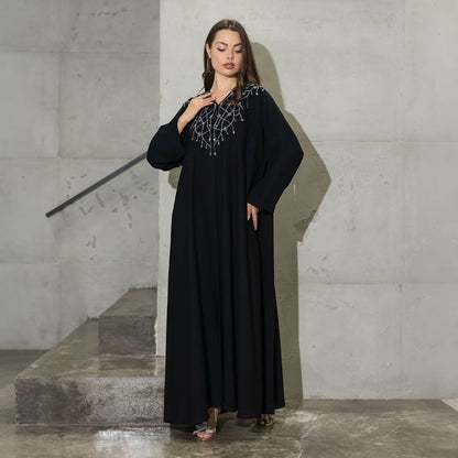 Modest Muslim Loose Fit Black Diamond Embellished V-Neck Abaya Dress(MOA208)