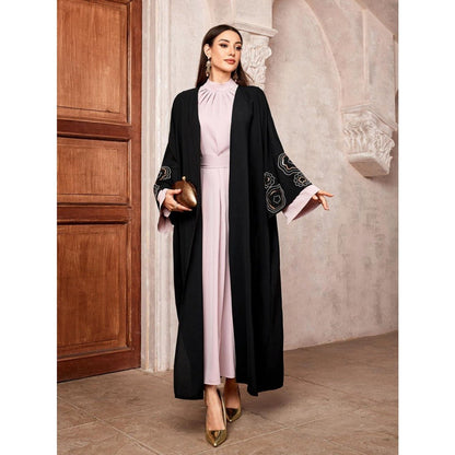 Modest Muslim Luxury Batwing Abaya Set | Black Embroidered Cardigan & Lavender Dress (MOA181)
