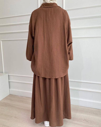 Modest Muslim Women's Bubble Sleeve Shirt Jacket & Skirt Layered Dress Set(MS078)