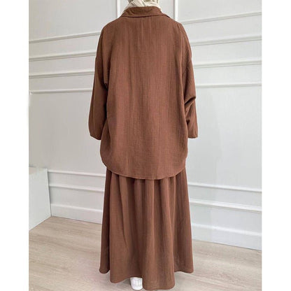 Modest Muslim Women's Bubble Sleeve Shirt Jacket & Skirt Layered Dress Set(MS078)