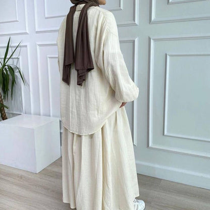 Modest Muslim Women's Bubble Sleeve Shirt Jacket & Skirt Layered Dress Set(MS078)
