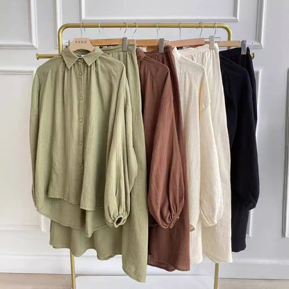 Modest Muslim Women's Bubble Sleeve Shirt Jacket & Skirt Layered Dress Set(MS078)