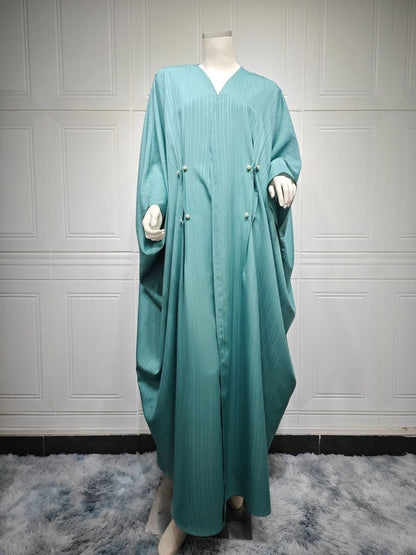 V-Neck Abaya Cardigan Robe | Bat Sleeve Kimono Cover-Up With Pearl Buttons (MOA226)
