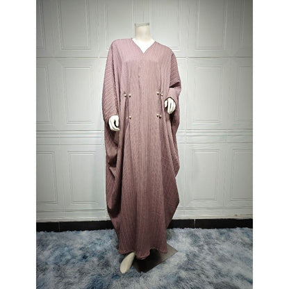 V-Neck Abaya Cardigan Robe | Bat Sleeve Kimono Cover-Up With Pearl Buttons (MOA226)