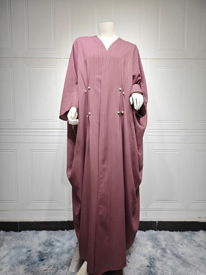 V-Neck Abaya Cardigan Robe | Bat Sleeve Kimono Cover-Up With Pearl Buttons (MOA226)
