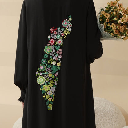 Modest Pullover Abaya with Palestinian Embroidery, Elegant Ruffled Cuff Maxi Dress (MA141)