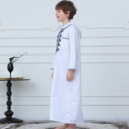 Muslim Boys Embroidered Hooded Thobe with Pockets (MKB014)
