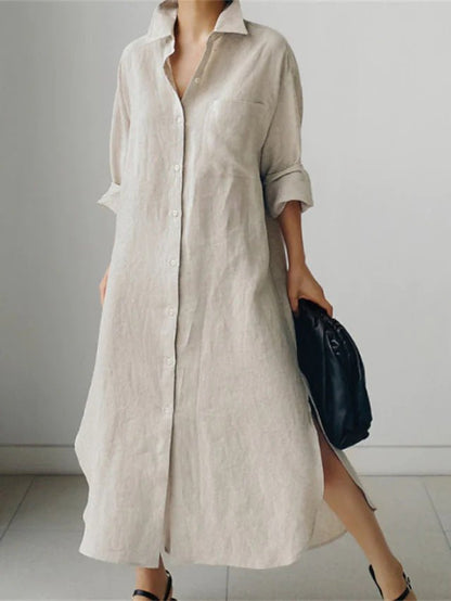 Muslim Casual Elegance Linen-Blend Shirt Dress | Modest Maxi with Button Front & Side Slits (MS096)
