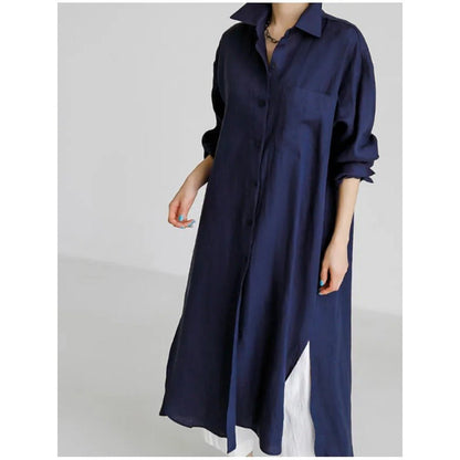 Muslim Casual Elegance Linen-Blend Shirt Dress | Modest Maxi with Button Front & Side Slits (MS096)