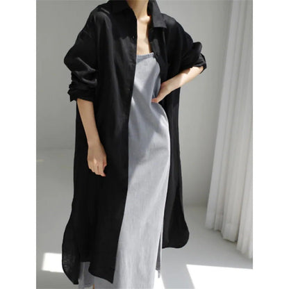 Muslim Casual Elegance Linen-Blend Shirt Dress | Modest Maxi with Button Front & Side Slits (MS096)