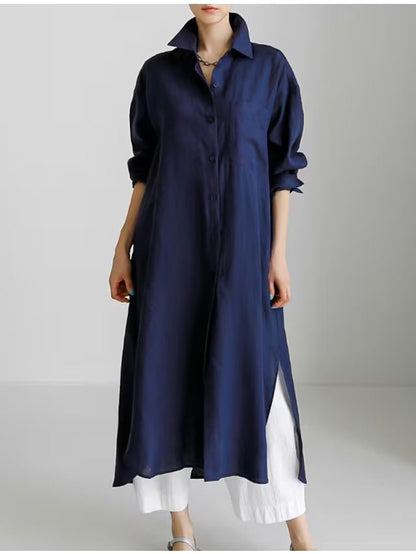 Muslim Casual Elegance Linen-Blend Shirt Dress | Modest Maxi with Button Front & Side Slits (MS096)