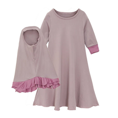 Muslim Girls Dress & Bow Hijab Set with Ruffle Trim (MKG026)