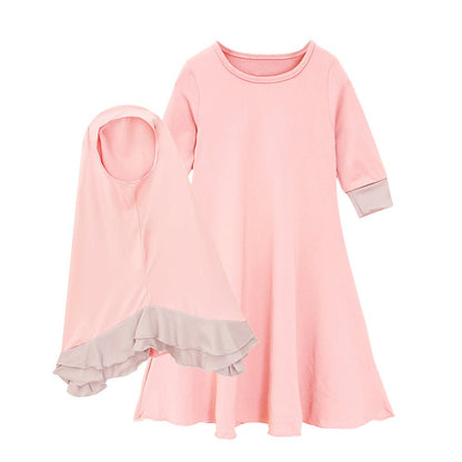 Muslim Girls Dress & Bow Hijab Set with Ruffle Trim (MKG026)