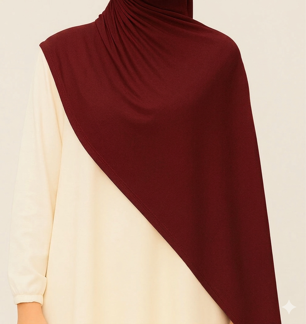 Maroon cotton jersey hijab from Muslimah.de, 70x170cm, soft and comfortable for everyday wear, shown draped on a mannequin.